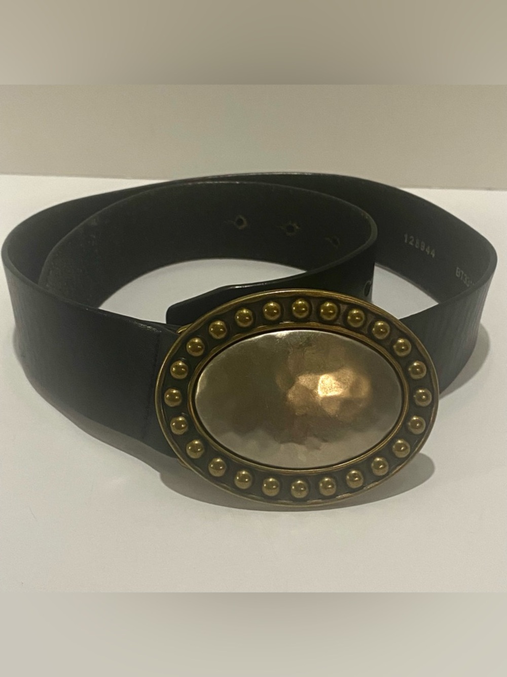 Fossil Womens Black Genuine Leather Belt Small Brass & Hammered Silver Buckle - Picture 7 of 9